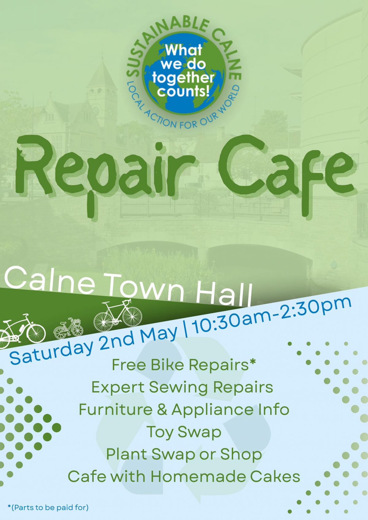Poster for the Repair Cafe at Calne Town Hall on 2nd May 2026 from 10:30am to 2:30pm
